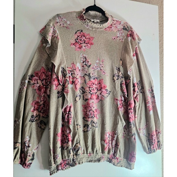 Plus 3X Floral Flowy Spring Sweater Top Womens Coral Colorful Balloon Sleeves - Picture 3 of 9